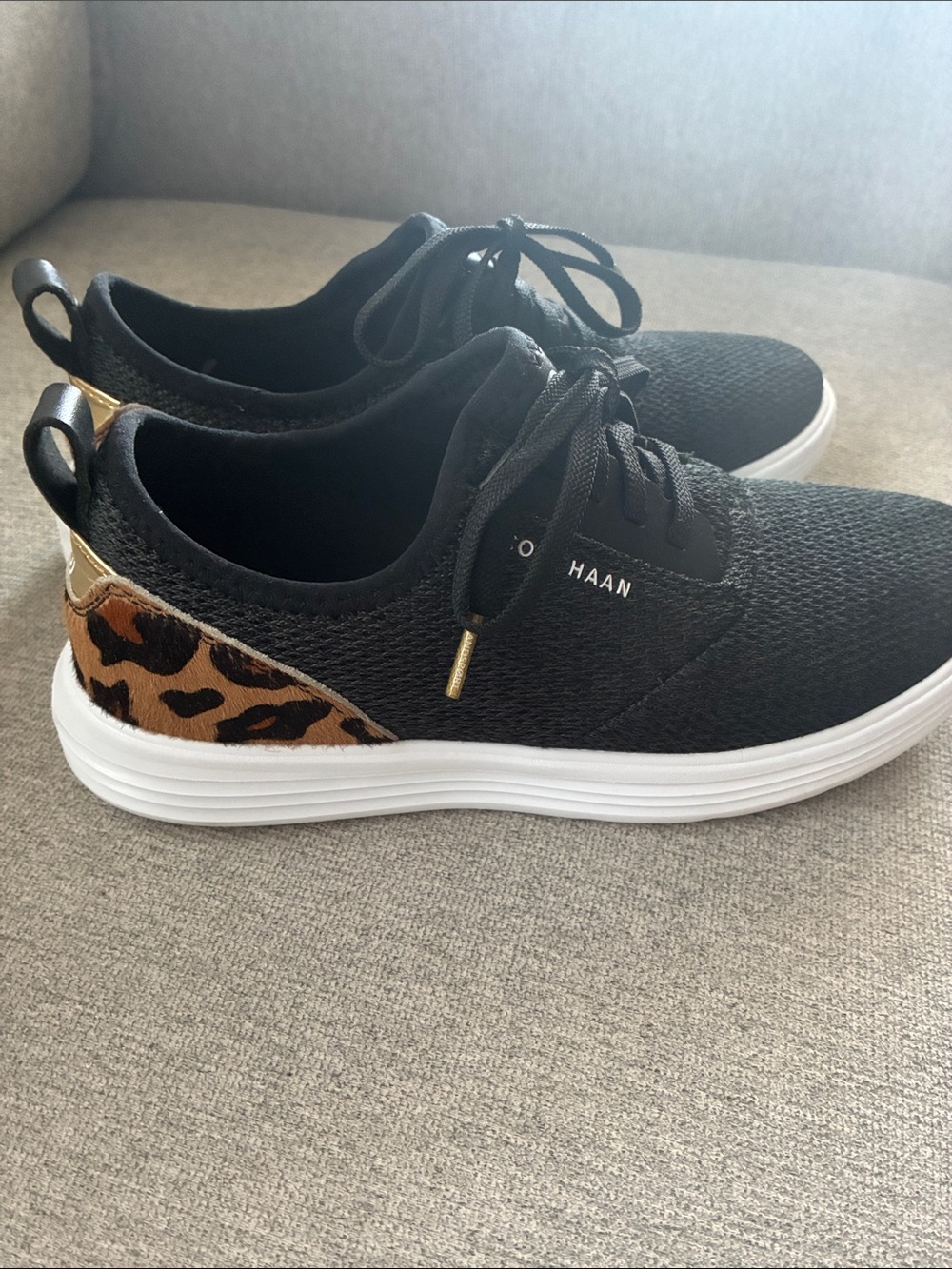 Cole Haan Black Knit Sneakers with Leopard Heel Accent